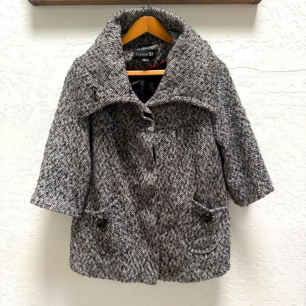 Forever Cropped Jacket Hounds Tooth Black White 3/4 Sleeve Large Buttons L